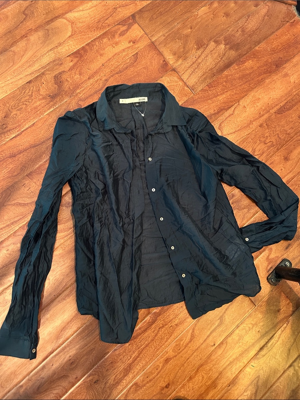 Acote Dark Green Sheer Silk Blend Button Down LS Blouse Size 0